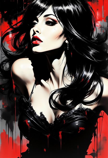 Silhouette Art, magnificent, dark background, inksplash portrait of stunning oriental woman, long hair, seductive, sultry, lustful, red lips, direct gaze, light hitting one side of face, gradient colour background
