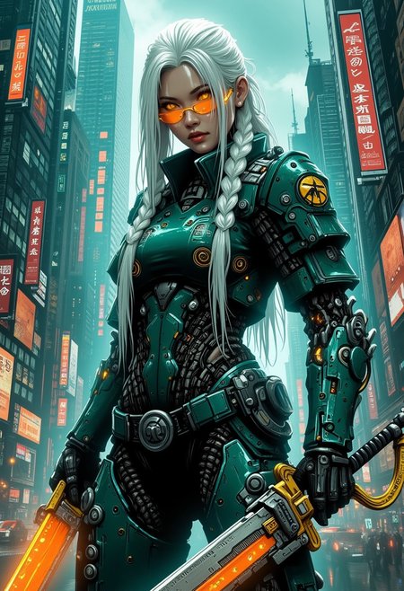 mad-cbrpnksplshrt full of details but with faded outlines, white braided hair cyborg girl soldier in combat armor with one robotic arm and one robotic leg holding a chainsword with glowing energy panels, and in the background new york city disintegrating into the matrix behind, best quality, sharp image,