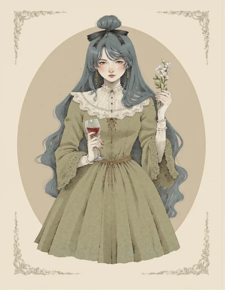 <lora:cioffi:1>, This is a digital illustration in a vintage, whimsical style. The subject is a young woman with long, flowing, dark blue hair tied into a high ponytail with a black bow. She has fair skin, large, expressive eyes, and a slight, mysterious smile. Her attire is an elaborate, Victorian-inspired dress in muted tones of green and gold. The dress features a high collar with intricate lace detailing, long sleeves with ruffled cuffs, and a full skirt with a pattern of small, diamond shapes. She holds a small, delicate glass with a red liquid, possibly wine, in her left hand, and a thin, green stem with a single white flower in her right hand. The background is a soft, beige circle, which emphasizes the woman and her accessories. Surrounding the image are intricate, floral and scrollwork borders in a lighter beige, adding to the vintage aesthetic. The overall composition is elegant and dreamy, with a touch of whimsy and mystery, blending elements of fantasy and historical fashion.
