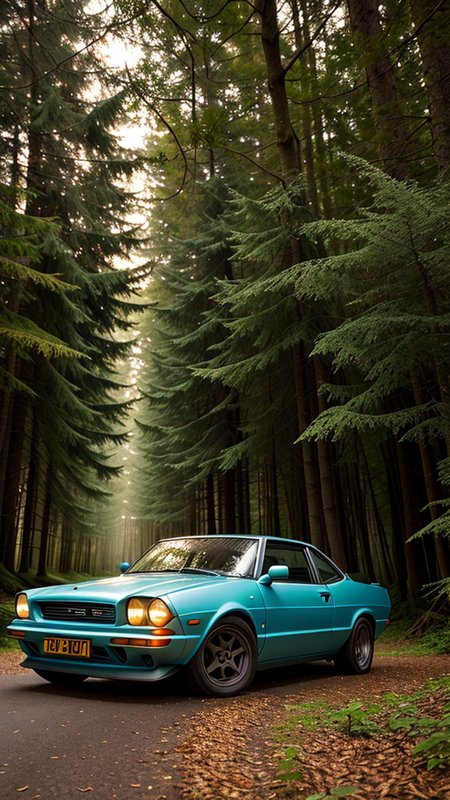cars, (muted colors:1.4, fairy forest in the background), dusk, photorealistic painting, evening, dramatic, masterpiece, greg rutowski, (masterpiece:1.2), rock