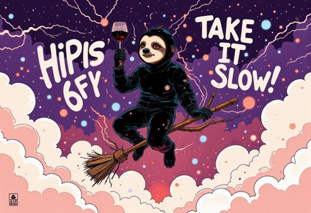 A whimsical and humorous painting of a black sloth sitting confidently on a broomstick, flying above soft, fluffy clouds. The sloth is depicted holding a glass of red wine aloft in one hand, exuding a relaxed and carefree attitude. The background features a gradient sky transitioning from deep purple to soft pink, suggesting a serene twilight atmosphere. The phrase "Take It Slow" is painted in simple text next to the sloth, adding a playful touch to the composition. The art style is minimalistic with bold, clean lines and a painterly texture, emphasizing the surreal and humorous tone of the image. The overall mood conveys charm, relaxation, and a sense of lighthearted mischief.