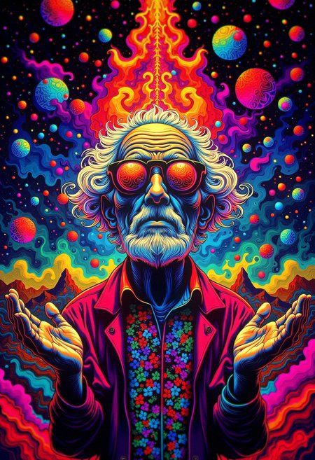 a lettering Text:"Psychedelic Surrealism" on top. an old man with open hands, wearing cybernetics glasses, in a colorful Goa world, bo-psychedelic, psychedelic surrealism. , Kodak Vision3 IMAX, <lora:Flux\boFLUX Psychedelic Surrealism v1.safetensors:1.0:1.0>