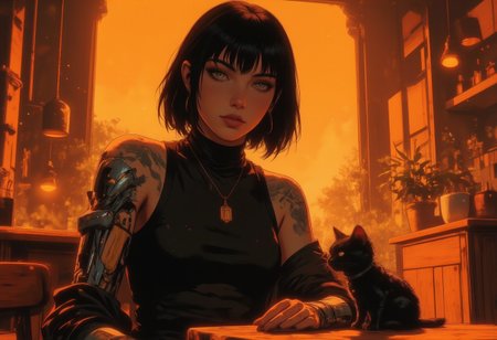 young woman with short, sleek black hair and bangs sits thoughtfully in front of a warm, glowing background of a sunlit room. Her attire is a mix of casual and futuristic, featuring a black top with cut-out shoulders and a black jacket, while her mechanical prosthetic arm hints at a cybernetic or sci-fi setting. 
a small kitten is sitting  Next to it on the table  
She wears a gold pendant, . The room's warm orange tones from the sunlight, a visible plant, and furniture create a cozy yet futuristic atmosphere