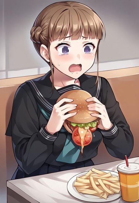 score_9, score_8_up, score_7_up, score_6_up, score_5_up, score_4_up, detailed eyes, detailed skin, source_anime, BREAK, 1girl, solo, Manaka Nemu, braided hair, purple eyes, medium breasts,  long sleeves, black skirt, black serafuku,  neckerchief, black thighhighs, breast pocket, <lora:Nemu betas 5:1> indoors, restaurant, burger, sitting, eatung burger, tears, tears in eyes, burger malfunction, shocked, shocked expression,