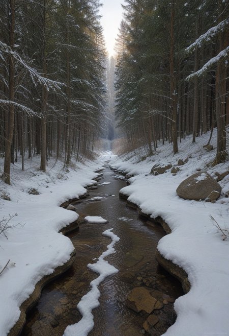film photography, Exaggerated realistic, ultra detailed, score_9, score_8_up, score_7_up, digital Forest, scenery, outdoors, tree,sky, (clouds:0.3), nature, forest, creek, moss-covered rocks, sunlight streaming through leaves, winter, snow, snowy.matrix, matrix codes,codeandigital,digital world, digital, science fiction,