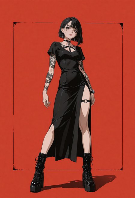 masterpiece, best quality, amazing quality, very aesthetic, absurdres,  newest, scenery, anime coloring,
1girl, solo, black hair, side swept hair, undercut, brown eyes, detailed eyes, thick eyelashes, black eyeshadow, eyeshadow under eye, pink lips, puffy lips, closed mouth, hair behind ear, single earring, cross earring, black choker, o-ring choker, sleeve tattoo, arm tattoo, forearm tattoo, black dress, side slit, bare thigh, short sleeves, long dress, monotone outfit, alternative fashion, platform boots, black boots, watch, cyberpunk accessory, full body, standing, dynamic pose, slight smile, facing viewer, looking at viewer, centered composition, solid background, minimalist background, red background