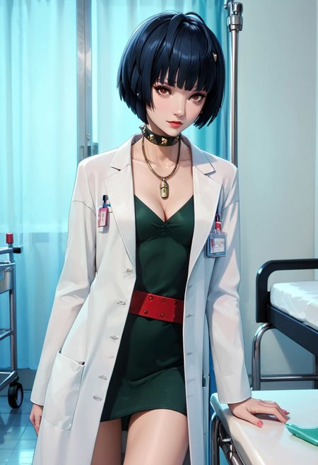 score_9, score_8_up, score_7_up, source_anime, 4n1v3rs3, (masterpiece, Highest quality:1.4), (beautiful, perfection, delicate, Complex:1.2), (cute, Fascinating), (Depth of written border:1.2), Realistic Face:1.2, 
1 girl, 30 years old,
p5tae, tae takemi, short hair, bob cut, bangs, labcoat, necklace, choker, studded collar, short dress, dark green dress, cleavage, red belt, gladiator sandals, platform footwear,
Hospital, examination room, examination table, standing, view from front. cowboy shot,