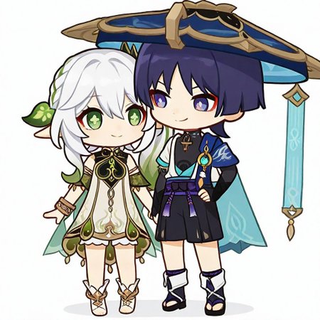 masterpiece, very awa,simple background,white background,chibi,cute,adorable,duo,2 people,1 boy, 1 girl, interacting 
BREAK
scaramou, 1boy, indigo hair, short hair, bangs, purple eyes, red eyeshadow,, japanese clothes, hat, blue headwear, jingasa, kurokote, mandarin collar, shirt, black shirt, sleeveless, vest, blue vest, open vest, cape, blue cape, elbow gloves, black gloves, fingerless gloves, kote, belt, purple belt, tassel, shorts, black shorts, gaiters, white gaiters, sandals, vision (genshin impact),frown
BREAK
Nahida_(Genshin_Impact),green_eyes, white_hair, gradient_hair, long_hair, cross-shaped_pupils, side_ponytail, flat_chest, pointy_ears,green_eyes, white_hair, gradient_hair, long_hair, cross-shaped_pupils, side_ponytail, flat_chest, pointy_ears, hair_leaf, hair_ornament, two-tone_dress, detached_sleeves, sleeveless, green_cape, white_bloomers, bracelet,smile