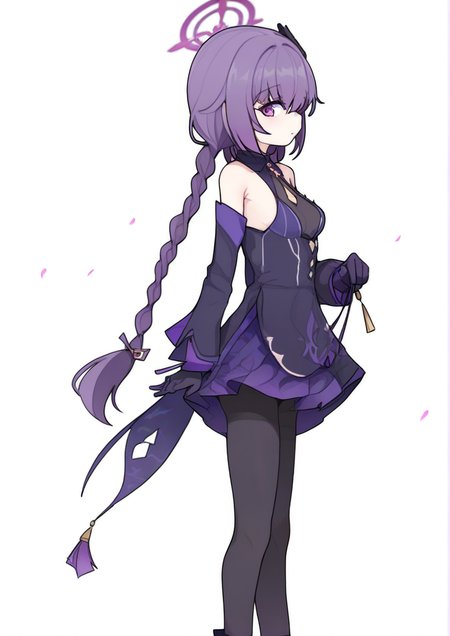 1girl,:o, bare shoulders, braid, breasts, brown pantyhose, detached sleeves, dress, from side, gloves, hair ornament, hair over eyes, long hair, looking at viewer, medium breasts, pantyhose, petals, purple dress, purple eyes, purple gloves, purple hair, signature, skirt hold, solo, standing, tassel, twintails, very long hair, vision (genshin impact) <lora:Pearl.G.E:1>