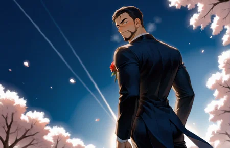"A handsome anime-style groom in a white wedding tuxedo with a rose boutonniere, standing in a romantic outdoor garden with soft lighting, cherry blossoms falling, and a bright blue sky. He has neatly styled hair, a gentle smile, and elegant posture. Background is dreamy, cinematic, and slightly blurred for depth, ((from back, from below, dutch angle, cowboy shot))<lora:Red_Siamese_Cats_leader__Detective_Conan:.7>, Red Siamese Cats leader, A serious anime-style male  He has short dark hair slicked back, a trimmed beard, The setting is a dramatic, cinematic moment with strong lighting and a tense atmosphere, cowboy shot, 
(,looking at the viewer, steam, sexy)
(very short hair, beard, bara, mature, facial hair, stubble, beard, full beard, sideburn, beard, a lot of beard, ), facial hair,male focus, muscular male, muscular male, bara, mature,  bara, mature, aixiwuganda_(20222192), very awa, masterpiece, best quality, absurdres, newest, perfect quality, detailed background, intricate details,
<lora:slider_Body Type_alpha1.0_rank4_noxattn_last:3><lora:Anime Summer Days 2 Style SDXL_LoRA_Pony Diffusion V6 XL:.6><lora:slider_cfg_scale_boost:.7><lora:Artist6p:.55>, Artist6p, Artist04p,<lora:slider_il_brightness_slider_d1:-1><lora:slider_il_contrast_slider_d1:-1><lora:slider_DarkSlider1.2_alpha1.0_rank16_full_300steps:-.6>