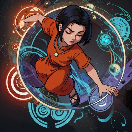 (jadechan (short black hair, brown eyes, hong konger:1.10) wearing (orange clothes with white trim:1.10) <lora:JadeChan-10v6:0.8>) JaOran, dynamic action scene,, <lora:detail_slider_v4:0.8>, <lora:realistic:0.2>, <lora:tangbohu-line_1.0:0.2>, <lora:make25d_type1_v100:0.2>, BREAK (style-swirlmagic:0.8), portrait, solo,  (full body:0.6), (eyes closed:1.1),  detailed background, detailed face, (<lora:Magic Circle_20230812103010:0.6>, Magic Circle theme:1.1), stoic expression, nature-connected, black tribal symbols, tribal vodoo shaman, mystical, Terra cotta  clothes, totem, enchanted amulet, dynamic pose, surrounded by green magic swirls,  in background,  whirlwind, foreboding atmosphere,