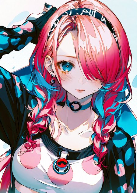 by wanke
blue poison \(arknights\), blue poison \(shoal beat\) \(arknights\), 1girl, solo, blue eyes, pink hair, choker, portrait, white background, pink choker, hairband, earrings, jewelry, looking at viewer, simple background, long hair, official alternate costume, hair over one eye, braid, bangs, o-ring choker
masterpiece, best quality, high quality, highres, absurdres, very detailed, high resolution, sharp, sharp image, 8k, vivid, colorful, stunning, anime