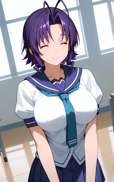 (score_9, score_8_up, score_7_up), standing, leaning forward, looking at viewer, light smile, closed mouth, shiny skin, tight clothes,
ohwx, 1girl, solo, closed_eyes, short_hair, blue_hair, purple_hair, antenna_hair, breasts, large_breasts,
school_uniform, skirt, serafuku, pleated_skirt,
fall,
cowboy shot, dutch angle, close-up,
 <lora:yuuka_amato_pony_ss:1>