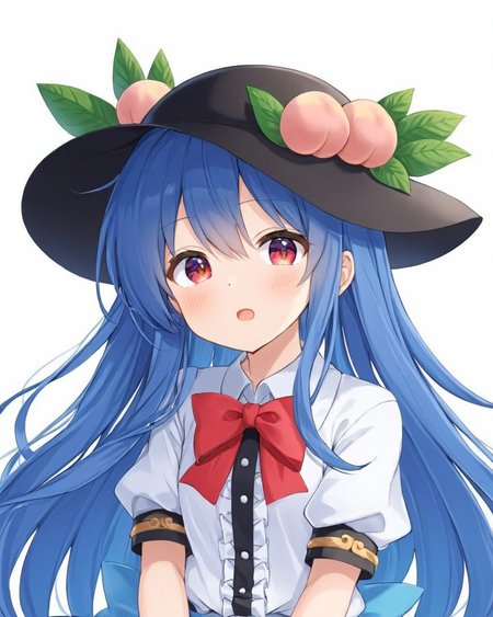 hinanawi tenshi,1girl, solo, hat, peach, open_mouth, looking_at_viewer, black_headwear, white_background, simple_background, leaf, blush, bowtie, :o, upper_body, white_shirt, red_bow
<lora:hinanawi_tenshi_image10043_2023-12-20:1>,star-shaped_pupils,symbol-shaped_pupils,. gorgeous,key visual, vibrant, studio anime,award-winning, professional, highly detailed,high budget, cinemascope
