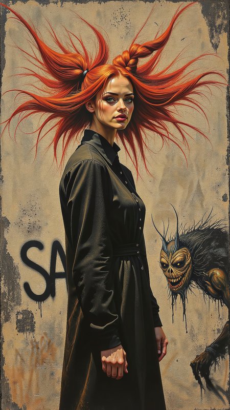 Dave McKean Style,  woman, short twintails, braided twintails, ginger hair, graffitti wall, moving shadows, written "SAKE" as graffitti, creature graffitti, <lora:ILLUSTRATION_(FLUX)_-_V3.1:0.4> <lora:DaveMcKeanStyle:0.8>