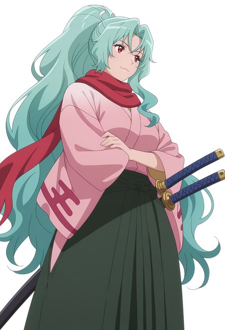 Smooth Quality,masterpiece, ultra realistic,
simple background, white background,
from below,:3,hand on own elbow ,
 <lora:Tomoecnn:0.8> sofia/cnn, 1girl, long hair, scarf, ponytail, red eyes, japanese clothes, katana, green hair, very long hair,