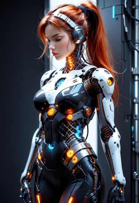 score_9, score_8_up, score_7_up, skindentation, source_realistic, prefect face, feCornelia, 1girl, solo, Expressiveh, big breasts, red hair, ponytail, <lora:SemiRobo:1> semirobo, science fiction, cable, robot joints, android, robot, bodysuit, glowing, mechanical parts,