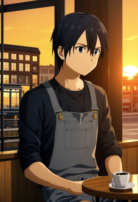 high resolution, professional photography, best quality, 1Boy, Kirigaya Kazuto, Black Hair, Black Eyes, overalldetail, cafe, corner, sit, soffa, casual outfit, coffee, waiting, warm building, sunset