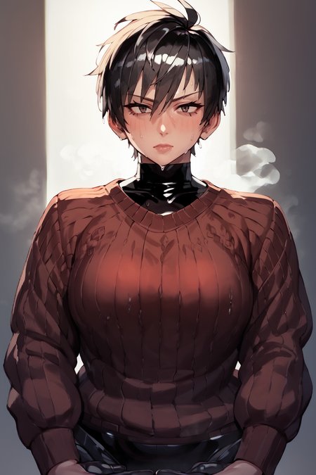 sweater  <lora:latex_under_clothes:1> latex under clothes, latex body suit, sweaty, steamy body, short tomboy hair, big boobs, <lora:RD-MAnon-XLV1.1:1>, source_anime, score_9_up,  score_7_up, score_8_up