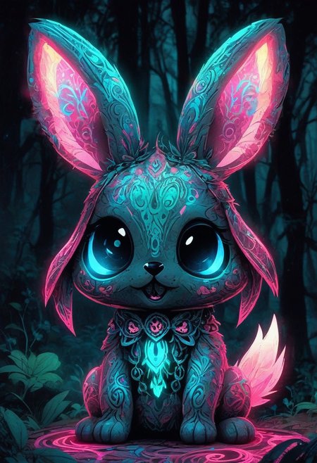 CreepyCuteMagical,   A skeletal bunny with soft, fluffy fur glowing in neon blues and pinks. Its large eyes shimmer like gemstones, and it hops through a misty forest, leaving glowing paw prints behind.