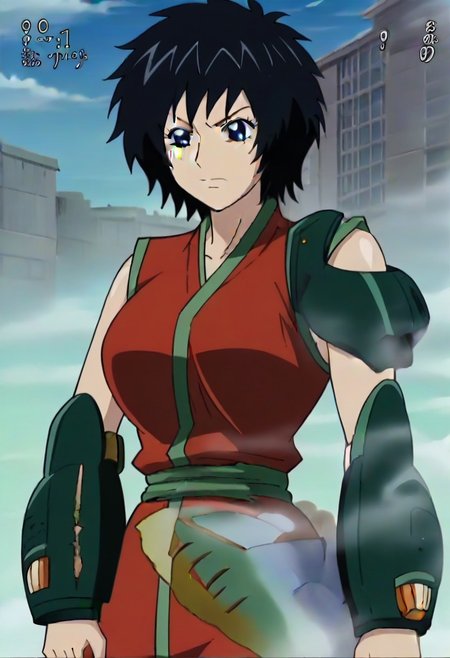 short black hair, blue eye, Scar on right cheek, red sleeveless outfit with green trim,, ,,,,,anime coloring, anime screencap , 1girl,Solo ,, anime,,PUFFY nipple,huge breasts,,, official art,,Uncensored ,Unedited ,,,, ,, ,, , ,,, ,, , ,,,