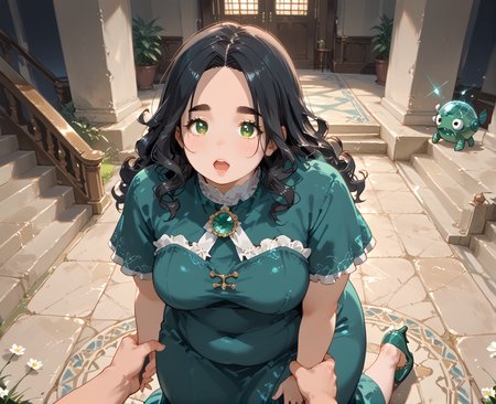 IllusP0s, PonyScores7, source_anime, ah1, IllustriousQual, interesting, exciting, spectacular, wonderful, <lora:natsumi_style:0.5>, <lora:by_usakun-pony:0.4>, by usakun, <lora:Akina_Bbw_Style_-_PonyXL:0.2>, AkinBw,
BREAK (Ground level, (from back), medium distance from viewer focus on feet),
BREAK 1girl, mature female, (round face:1.2), (thick eyebrows:1.3), (curvy), round-chin, caucasian, (plump face), <lora:Round_face:0.2>, <lora:ETO_OC_Illustrius:0.5>, eto_oc, skindentation, (plump), thick thighs, wide hips, busty, voluptuous, lips, <lora:venus body PonyXL:0.3>, <lora:shinyskin2:0.2>, glistening skin,
BREAK  (curly hair), long hair, (black hair:1.4), (parted hair:1.7), messy hair, kinky curls, <lora:hairdetailpxl:0.2>, hairdetailpxl,
BREAK (half green and brown eyes), (colorful eyes), (multicolored eyes), (downturned eyes:1.4), <lora:expressive eyes:0.2>, expressive eyes, <lora:eyedetailpxl:0.2>, eyedetailpxl, <lora:Eyes_High_Definition:0.2>, EyesHD,
BREAK ((amazed expression, Wide open eyes, mouth slightly agape, raised eyebrows)), <lora:Expressive_H:0.2>, Expressiveh, <lora:Emotional_Anime_Expressions_PonyXL_Concept:0.2>, emotional, <lora:Best_Facial_Expression_LoRA_PONY:0.2>, looking at viewer, <lora:Detailed expressive EXEV style -XL Pony V1.0:0.2>, FaceDetail,
BREAK ((go down the stairs)),
BREAK (dark navy metallic emerald green slip dress with a high slit and glossy finish paired with green heeled mules),
BREAK (((A creature of pure gluttony, its form a massive, pulsating belly, touched the human with a greedy hand, The man's stomach rumbled with a insatiable hunger, his mind consumed with a desire to consume everything in sight))),
BREAK <lora:xl_more_art-full_v1:0.2>, <lora:aesthetic_anime_v1s:0.2>, <lora:EpicF4nta5yXL:0.2>, <lora:detailxl:0.2>, detailxl, <lora:Fant5yP0ny:0.2>, best quality, amazing quality, best aesthetic, absurdres, illustration, Volumetric_Lighting, ultra-detailed, very aesthetic, intricate details, 8k, masterpiece, best_quality
BREAK Stable_Yogis_PDXL_Positives, AS-Adult, <lora:Complicated fantasy portrait - XL Pony V2.0:0.2>, bad-hands-5, <lora:HDA_Detailer:0.3>, HDA_FatGirlXL,