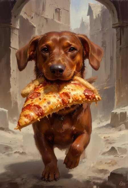 Dark-Fantasy-Cardd-V.2.0 style dark fantasy oil painting with detailed eyes that features  dachshund running away with a big slice of pizza in his mouth