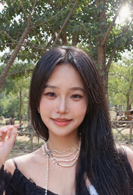 SesshouinKiara, 1girl, necklace, solo, jewelry, long hair, pearl necklace, black hair, looking at viewer, 
smile,lips, outdoors, tree, realistic, 
cowboy shot,