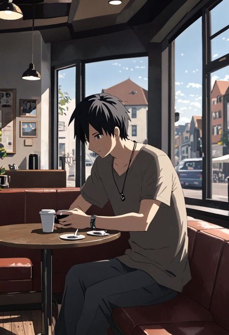 Highres, Masterpiece, High Quality, 4K, 8K, solo, 1Boy, Takaki Toono, adult, black hair, short hair,  cafe, corner cafe, room corner, corner room, hang out, tables, chairs, sofas, pillows, window views, comfortable, coffee cups, casual wear, small simple necklaces, bracelets, watches, easynegative, detailed_eye_model