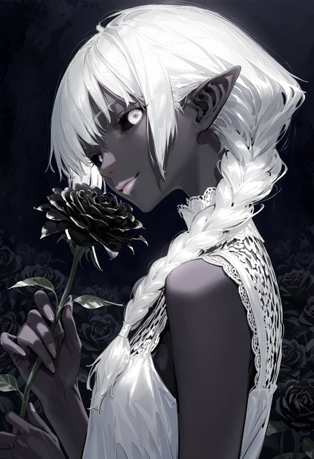 realistic textured painterly
(by yoneyama mai, rolua, roitz \( roitz \):1.25), 
limited palette, cinematic,
nose, lips,
side view, 1girl, dark elf, white dress, smelling a flower, black flower, holding a flower, white lips, white hair, white eyes, black sclera, single braid, sideways glance, looking at viewer, smirk, closed mouth, 
dark theme, 
very awa, best quality, highres, masterpiece,
<lora:nhl-002-19-nai-new:0.9> nhl-002,