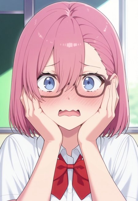 masterpiece,best quality,amazing quality, amano ririsa, short hair, pink hair, blue eyes, 1girl, blush, glasses, solo, hands on own face, school uniform, open mouth, hands on own cheeks, bow, shirt, looking at viewer, hair between eyes, white shirt, red bow, wavy mouth