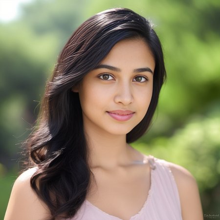 headshot photo, close up, woman,  pretty face, outdoors, natural lighting, studio quality, good white balance, desilatte, black hair <lora:DesiCoffeeSDXL:0.65>