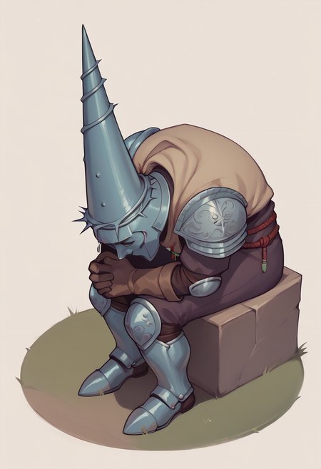 score_9, score_8_up, score_7_up, score_6_up BREAK shinjichair, sitting, head down,penitent one,helmet, brown gloves,armor,shoulder armor <lora:sppenitentOneXLPony:0.8> <lora:concept_shinjichair_ponyXL:1>