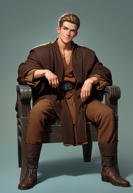 score_9,score_8_up,score_7_up,score_6_up, 1boy, boy,(handsome, cute) solo, blue eyes, blond hair, sitting on chair, smug,, very short hair,(muscular body:0.7)), Sci-fi Environments, Sci-fi chair, jedi robe, 1boy, male focus, full body,  jedi robe, belt, brown clothes, robe, coat, Coruscant