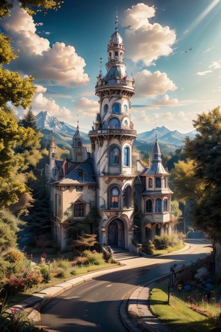 realistic analog photo, award winning photo, MarbleStainlesssteelWorld witow, no humans, scenery, blue sky, road, nature, outdoors, RAW, highres, 8k, uhd, High Dynamic Range, tonemapping, crisp details, portcullis,