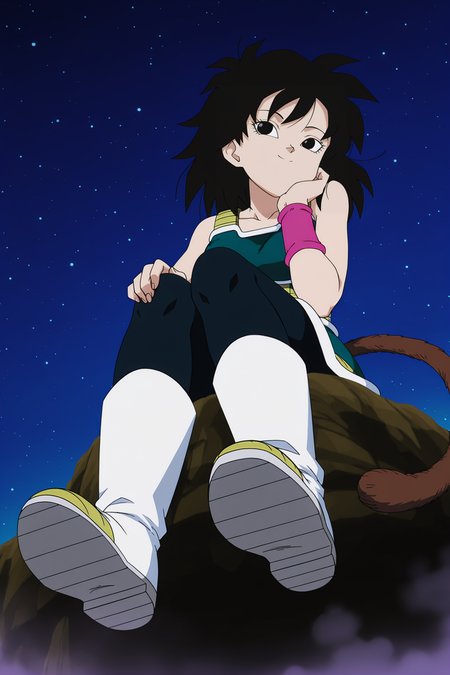 anime screencap, absurdres, high quality, official style, 
gine, official style, black saiyan armor, black skirt, 1girl, solo, smile, black hair, sitting on rock, full body, boots, two tone footwear, white footwear, pantyhose, white trim, sky, black eyes, night, pink wristband, star \(sky\), night sky, starry sky, head rest, monkey tail, saiyan armor, eyebrows, eyelashes, black legwear, hand on thigh, fog, from below, shoe soles, 
 <lora:Gine_IL:0.8>
