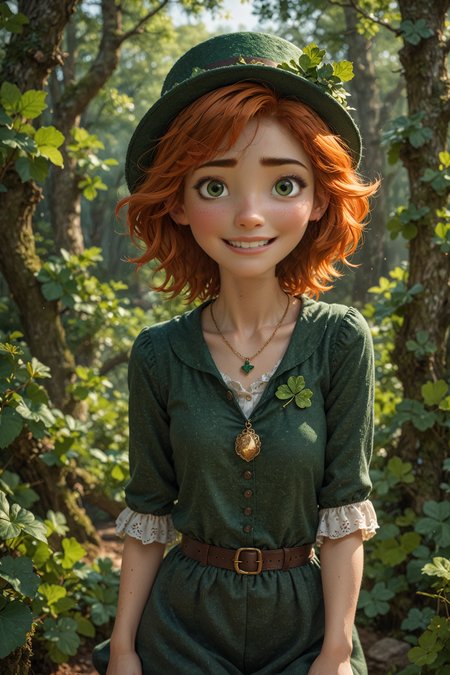 score_9, score_8_up, score_7_up, score_6_up, score_5_up, score_4_up, 1girl, freckles, realistic,  orange hair, beautiful eyes, wearing a shamrock necklace, leprechaun top hat, leprechaun woman, lush green irish forest background, rating_safe, shy smile, luscious lips