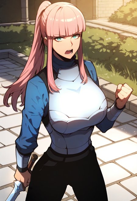 score_9, score_8_up, score_7_up, score_6_up, source_anime, rating_explicit, 1girl, solo, huge breasts,<lora:Mesa Milkano prefectPonyxl:0.9> pink hair, long hair, ponytail, blunt bangs, blue eyes, sidelocks, aqua eyes, white armor, blue shirt, turtleneck, breastplate, long sleeves, black pants, serious, open mouth, training ground, outdoors, looking at viewer, (holding sword:1.1), fighting stance, standing, spread legs, clenched hand