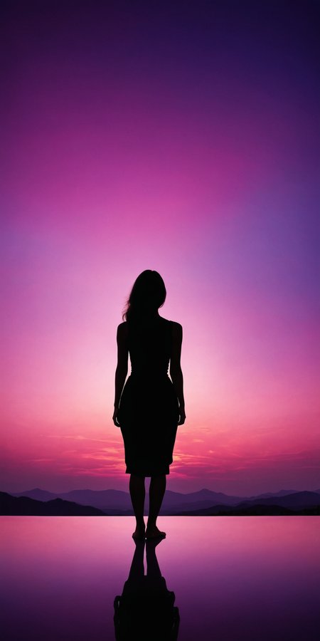 Woman's back,silhouette,pink and purple sky,sunset,serene,warm,surrealism style,high contrast,high definition photography,<lora:HMSGåªå½±XL-000001:0.8>,