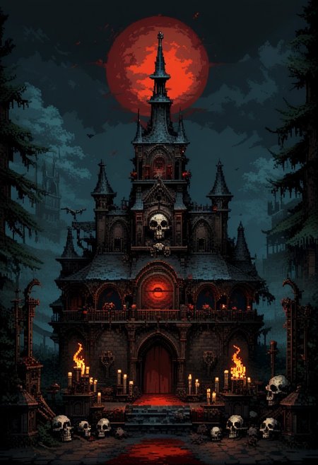 score_9, score_8_up, score_7_up, yamer_pixel_fusion, pixel art, Massive infernal cathedral, night, red moon, skulls on steps, grimdark, bloodborne, Castlevania, hyper-detailed, dark fantasy, scenery, d3p1x3l, pixel art