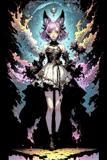 dreamwave aesthetic, (split, heaven and hell:1.4), cavern, clouds, (multicolored background, multicolored lights, magic, black hole), 1girl, solo, standing, full body, armored dress, white dress, purple hair, smug, short hair <lora:DreamwaveV2.5:1>