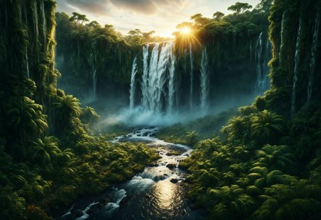 breathtaking analog photo,hyperrealistic, full of details image,photorealistic painting containing a waterfall in a picturesque lush jungle   in summer in the evening, sunset,  weather, environmental lighting, , absurdres, detailed, focused, award winning photography,pixiv contest winner, style of Michal Karcz ,style of Jessica Rossier , town house in tundra biome, abandoned, ruined  
 <lora:dvr-lnds-sdxl:0.8> dvr-lnds-sdxl