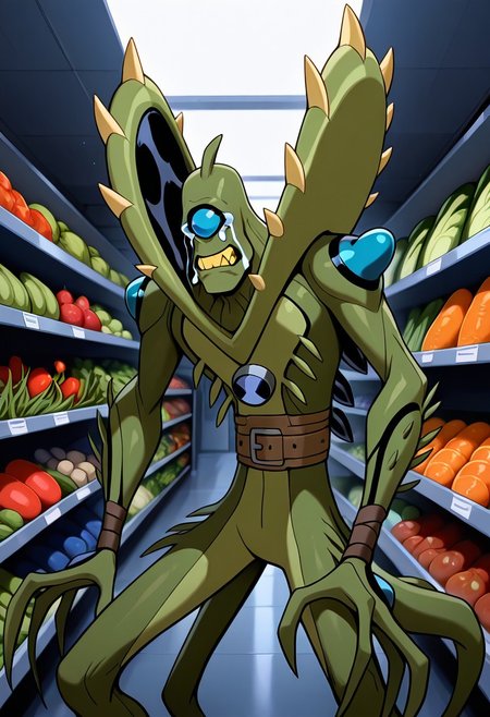 , masterpiece, best quality, amazing quality, very aesthetic, absurdres, newest,
wildvine, solo, , alien, monster, one eye, blue eye, green skin, , spikes, claws, yellow teeth,,, no hair, 1boy, Digimon, 
green skin, in grocery store, crying, vegetable isle, looking at vegetables, sad,