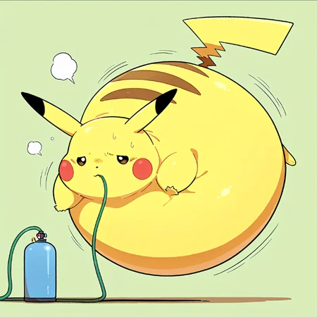 spherical-inflation, pokemon \(creature\), huge pikachu, face down, hose in mouth, panicking, gas tank, floating, motion lines, air leaking,