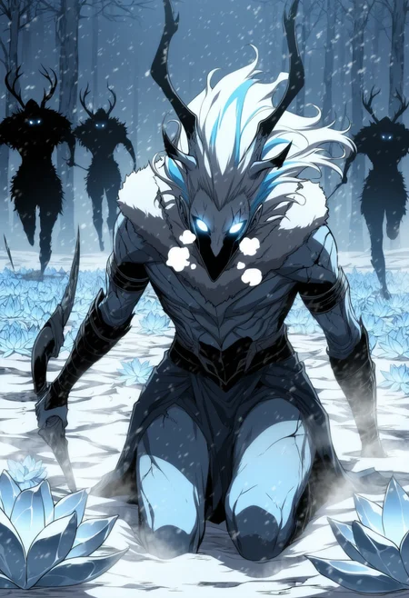 A ghostly huntress kneels in a field of frozen lilies, her bone-white hair streaked with frost as she nocks an arrow made of moonlight. The bowstring hums with the sound of a distant blizzard, and her breath swirls into the shapes of running stags. Behind her, the shadows of forgotten gods watch silently from the treeline. Hauntingly beautiful winter folklore, rendered in soft graphite smudges and glacial blue washes.
 <lora:SH_Sololvl_Style_v2:0.7> sololvl_style
 <lora:DynamicPoseIL2att_alpha1.0_rank4_noxattn_900steps:0.7> dynamic pose
 <lora:Sinozick_style:0.3> Sinozick_illu,spot color