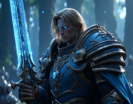 A cinematic ingame screen shot from World of Warcraft on a mighty Paladin knight. He got short flowing blond hair, beautiful face features, blue eyes, wearing a blue shiny magical armor with golden trimmed detailds. In his right hand he is holding a giant glowing greatsword by the handle in a dynamic attack pose. blue glowing runes along the blade. He is standing in an empty battle field. full body shot. Amazing details, insane quality, hkstyle <lora:hkstyleFluxV3:0.85>  <lora:Elden_Ring_-_Yoshitaka_Amano:0.6> <lora:FluxMythP0rtr4itStyle:0.65>