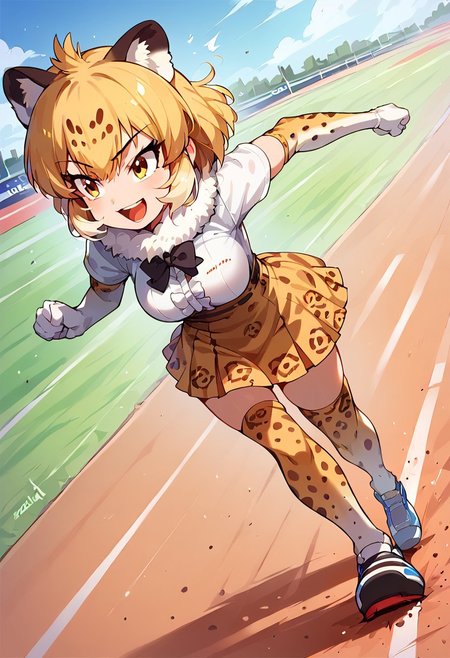 1girl, ((solo)) best quality, ultra-detailed, extremely detailed, perfect anatomy, masterpiece, score_9, score_8_up, score_7_up, jaguar (kemono friends), animal ears, jaguar ears, blonde hair, short hair, bangs, jaguar print, multicolored hair, tail, jaguar tail, white shirt, frills, skirt, high-waist skirt, print skirt, fur collar, center frills, gloves, elbow gloves, print gloves, short sleeves, black bowtie, thighhighs, animal print, print legwear, shoes, confident smile, confident look, eager, excited, outdoors, track and field background, (running_track:1.3), foot racing, dutch angle, standing, leaning forward, crouched forward, (about to pounce:1.3), full body, extended long shot, full-portrait shot, looking away from camera, side view, motion lines,