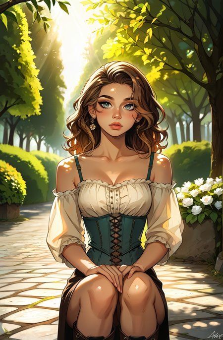 score_9, score_8_up, score_7_up, score_6_up, ),  1mg1mg , masterpiece,best quality, highly detailed, masterpiece,best quality, highly detailed, source_cartoon, uncensored, rating_explicit, casual, shiny skin, shiny highlights, emphasis lines, front view, cowboy shot, sexy pose,
cozy village at golden hour, warm sunlight casting a golden glow over quaint cottages with thatched roofs, cobblestone streets lined with blooming flower boxes, soft shadows from tall oak trees, a small river gently flowing through the center, peaceful and quiet atmosphere, fogrustic wooden fences and lush green gardens, golden hues reflecting off the windows, birds chirping in the distance, 
modern twist on traditional clothing, fitted linen blouse with deep neckline, lace-up corset-style bodice in dark brown, accentuating the waist, paired with a flowy skirt in rich earthy tones, high slit on one side for ease of movement, worn over knee-high leather boots with decorative buckles, sleeves slightly puffed at the shoulders, intricate stitching along the hem and bodice, rustic yet elegant design, blending practicality with a touch of allure, bold and confident look for a countryside setting
beautiful woman, long wavy chestnut brown hair with soft natural highlights, bright hazel eyes with a gentle sparkle, smooth fair skin with a light natural glow, defined cheekbones and jawline, soft pink lips with a natural shape, delicate facial features, soft natural lighting highlighting her face and hair, confident and graceful expression, relaxed and warm atmosphere, refined and timeless beauty, ((naughty))
highly detailed, intricate details in hair and makeup, masterpiece, best quality, ultra highres, original, extremely detailed, perfect lighting
<lora:incase---1:0.5> <lora:S1_Dramatic_Lighting_v2:0.5> s1_dram  <lora:1mg1mgXLP:0.6>   <lora:GarvGirlsPony:0.7>