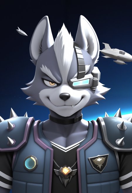 masterpiece,best quality, amazing quality, 1boy, solo, wolfSF, wolf boy, scouter, ssbb spiked shoulder armor, brawl blue vest, brawl black shirt, brawl necklace, choker, close up, smug,
 
space, space ship,