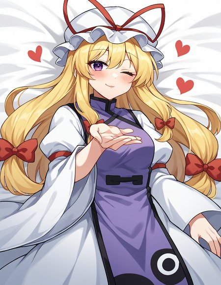 score_9, score_8_up, score_7_up, source_anime, <lora:yukari-yakumo-ponyxl-lora-nochekaiser:1>, yukari yakumo, purple eyes, blonde hair, sidelocks, long hair, hair bow, bangs, multiple hair bows,, dress, hat, hat ribbon, juliet sleeves, layered dress, long sleeves, mob cap, puffy sleeves, purple tabard, tabarad, white dress, white hat, wide sleeves, ying yang, yin yang print,, hospital, beds, doctors, patients, medical, smile, <lora:blowing-kiss-ponyxl-lora-nochekaiser:1>, blowing kiss, pucked lips, heart, one eye closed, o3o, hand up, bed room, bed, blush, cowboy shot, dutch angle,, looking at viewer, solo,, dutch angle, cowboy shot